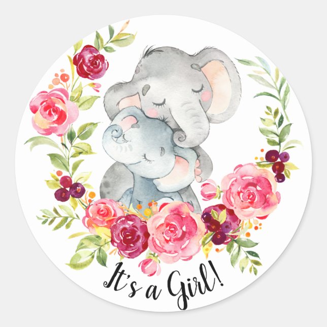 Cute Mum & Baby Elephant It' a Girl Favour Sticker (Front)