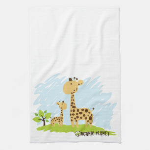 Cute Mum & Baby Giraffe Green & Yellow Towel