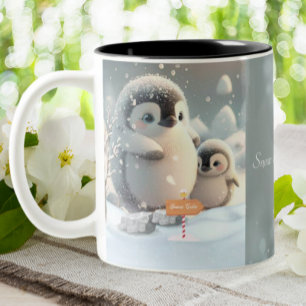 Cute Mum & Baby Penguin Snow Personalised Two-Tone Coffee Mug