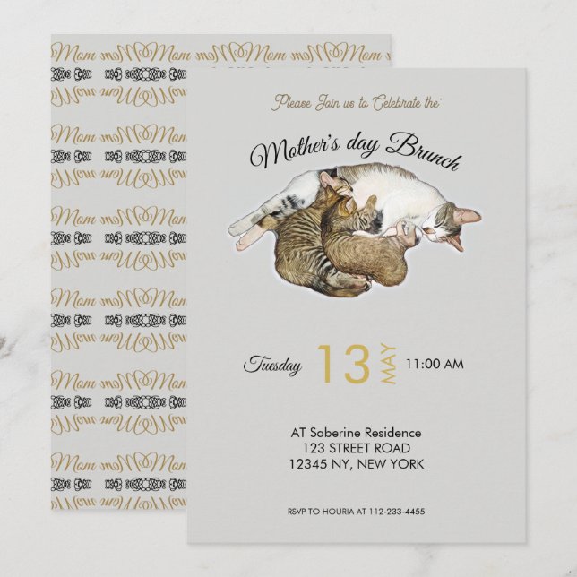 Cute Mum Cat nursing her little kittens Invitation (Front/Back)