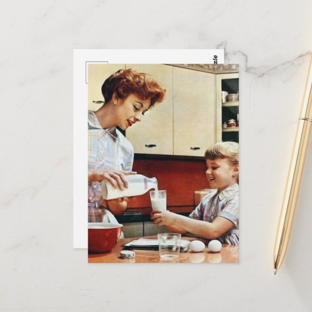 cute Mum Daughter retro vintage milk Postcard (Front/Back In Situ)