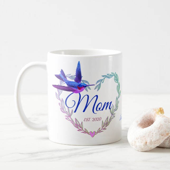 Cute Mum Heart Hummingbird Purple Blue  Coffee Mug (With Donut)