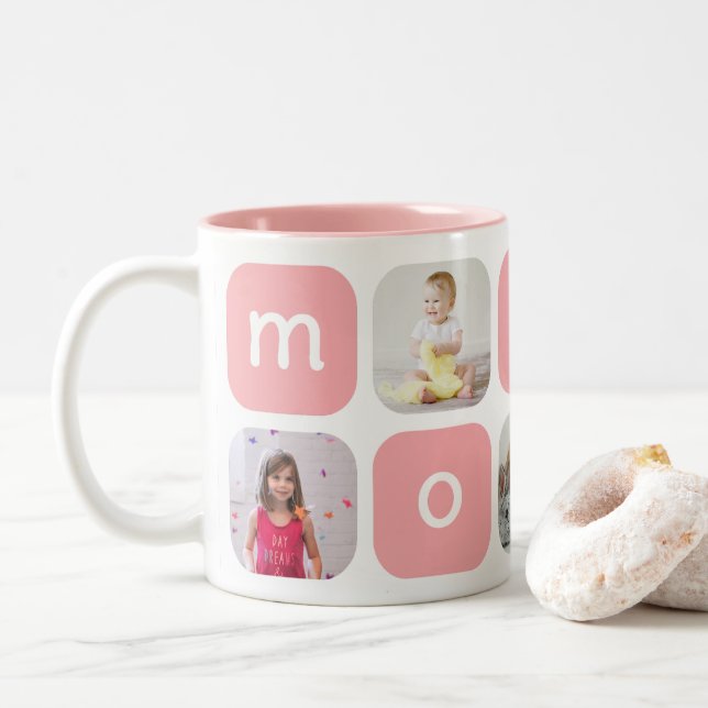 Cute Mum Heart Photo Collage Editable Colour Two-Tone Coffee Mug (With Donut)