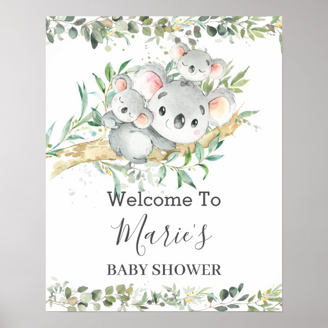Cute Mum Koala Twins Greenery Neutral Baby Shower  Poster (Front)