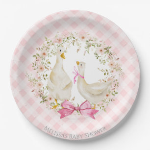 Cute Mum & Little Goose Gingham Baby Shower Girl Paper Plate