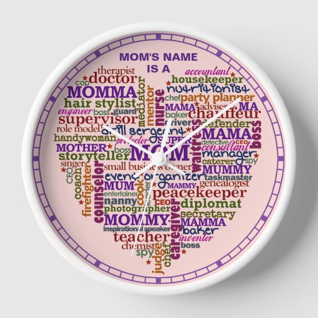 Cute Mum Mother's Day Word Art Heart Personalised Wall Clock (Front)