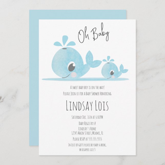 Cute Mum Whale Baby Whale Baby Shower Invitation (Front/Back)