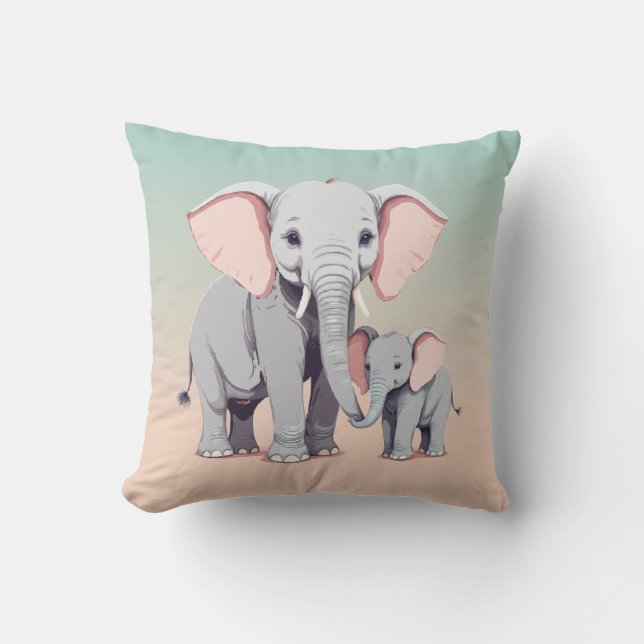 Cute mummy and baby elephant throw pillow (Front)