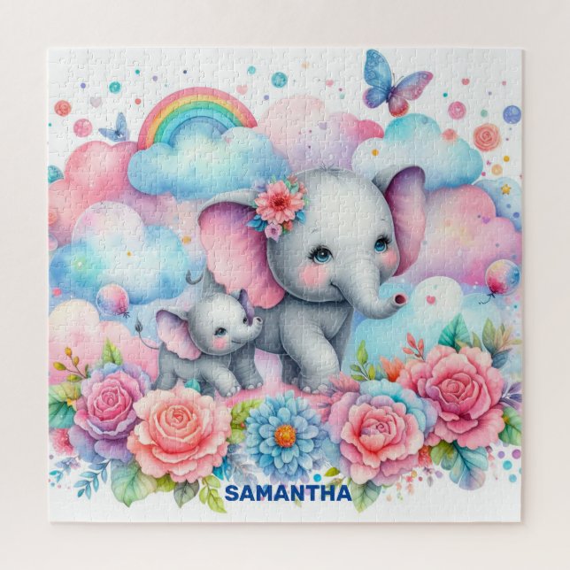 Cute mummy and her baby elephant rainbow spring jigsaw puzzle (Vertical)