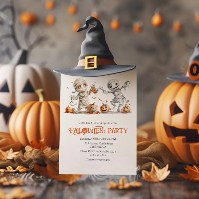 Cute Mummy Kids' Halloween Custom Party Invitation (Cute Mummy Kids' Halloween Custom Party Invitation on a rustic table with Halloween decoration.)