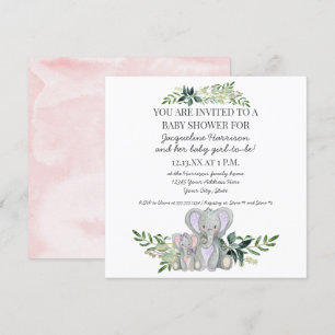 Cute Mummy n Baby Elephant w Foliage Girl Shower Invitation