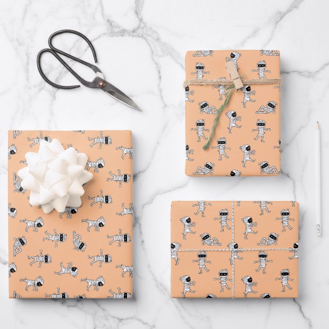 Cute mummy seamless pattern red background wrapping paper sheet (Front)