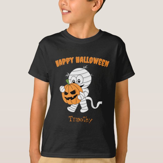 Cute Mummy Walking With Halloween Pumpkin Kid's  T-Shirt (Front)