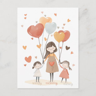 Cute Mummy with Two Children and Balloons Postcard