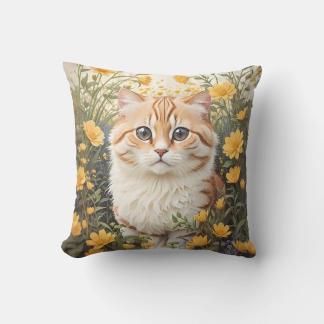 Cute Munchkin Cat And Buttercup Flowers Cushion (Front)