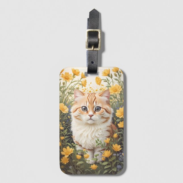 Cute Munchkin Cat And Buttercup Flowers Luggage Tag (Front Vertical)