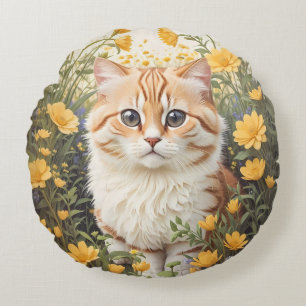 Cute Munchkin Cat And Buttercup Flowers Round Cushion