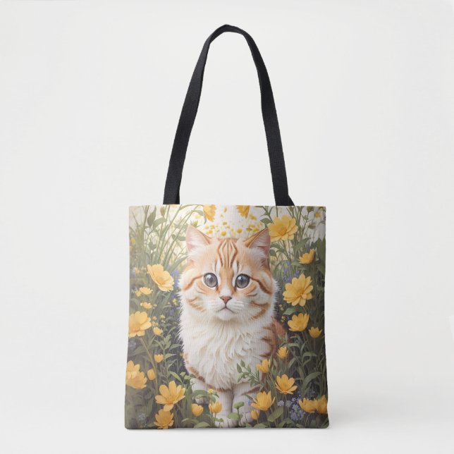Cute Munchkin Cat And Buttercup Flowers Tote Bag (Front)
