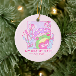 Cute Mushroom and Frog - My Heart Leaps For You Ceramic Ornament