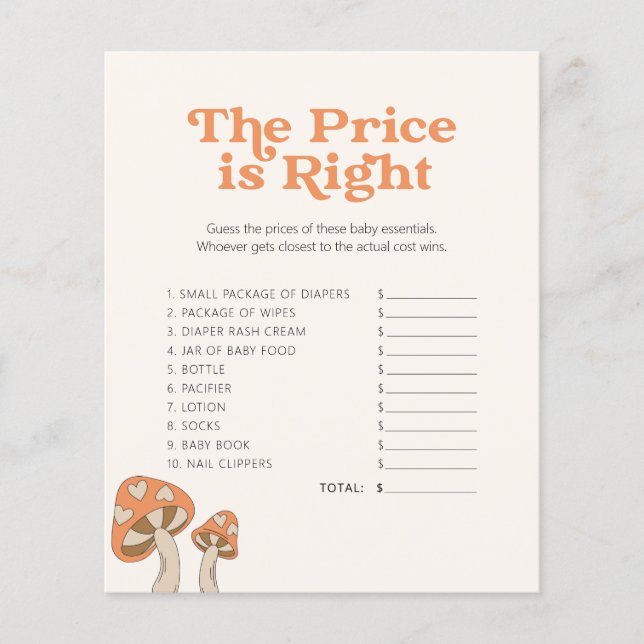Cute Mushroom Baby Shower - Game - Guess The Price (Front)