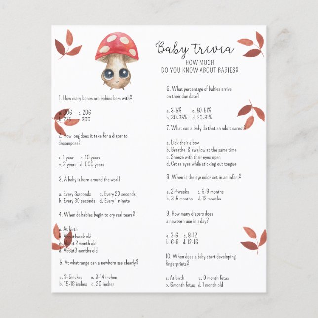 Cute mushroom - Baby Trivia | Baby Shower Game (Front)