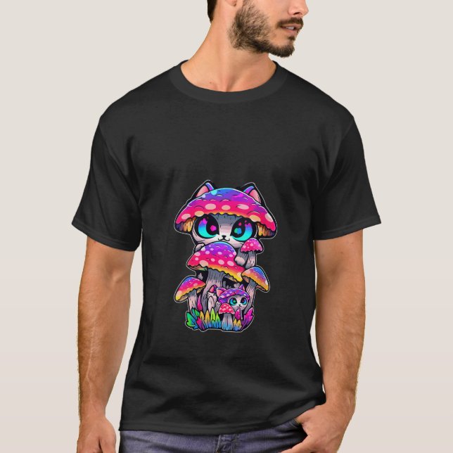 Cute Mushroom Cat Psychedelic Festival V Neck T-Shirt (Front)