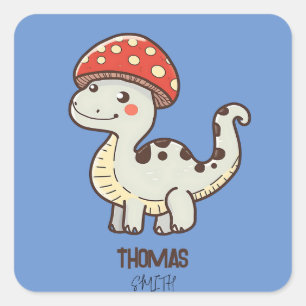 Cute Mushroom Dino With Kids Name Square Sticker