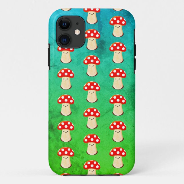 Cute Mushroom Drawing On Green And Blue Pattern Case-Mate iPhone Case (Back)