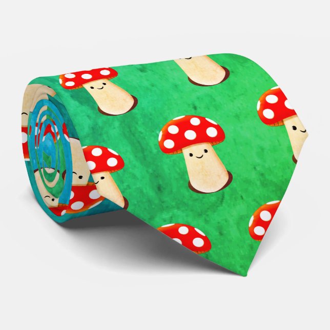 Cute Mushroom Drawing Pattern Blue And Green Tie (Rolled)
