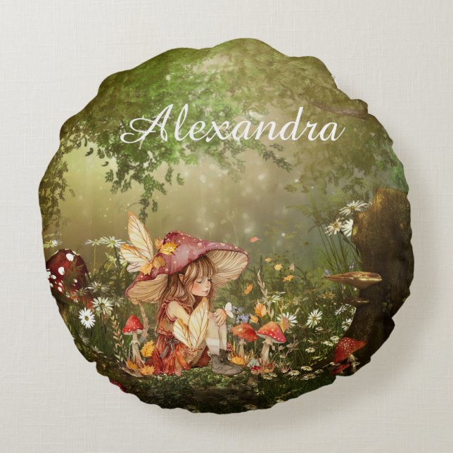 Cute Mushroom Fairy in the Forest Round Cushion (Back)