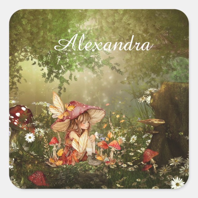 Cute Mushroom Fairy in the Forest Square Sticker (Front)