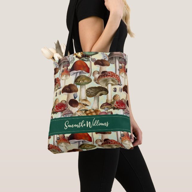 Cute mushroom fungi red white pattern tote bag (Close Up)