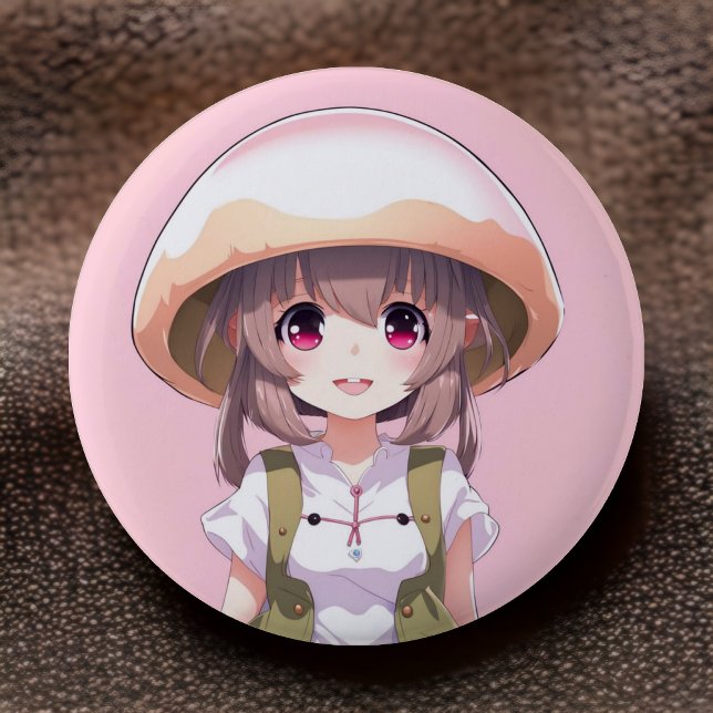 Cute Mushroom Girl Anime Button - Fun Kawaii Art (Anime Chic, Button Style! 🍄😊)