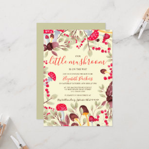 Cute mushroom watercolor rustic forest baby shower invitation