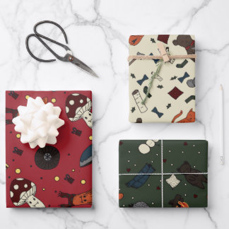 Cute Mushrooms and Bear, Hedgehog, Mouse Winter Wrapping Paper Sheet