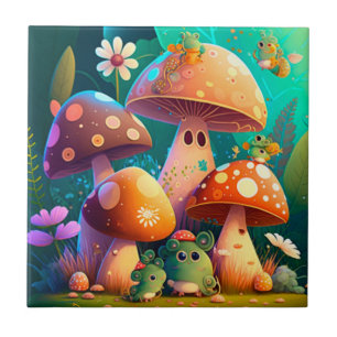 Cute mushrooms and flowers bugs green      ceramic tile