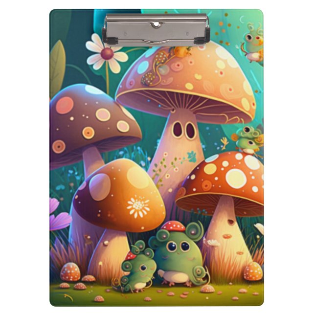 Cute mushrooms and flowers bugs green   clipboard (Front)