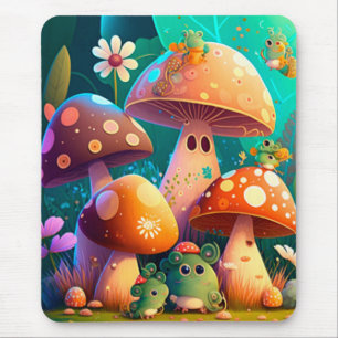 Cute mushrooms and flowers bugs green mouse pad