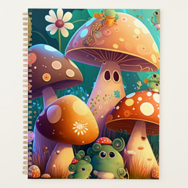 Cute mushrooms and flowers bugs green  planner (Front)