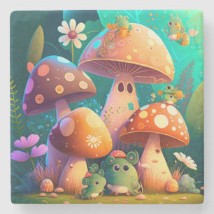 Cute mushrooms and flowers bugs green stone coaster