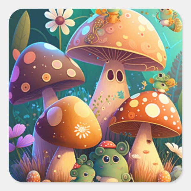 Cute mushrooms in the forest  square sticker (Front)