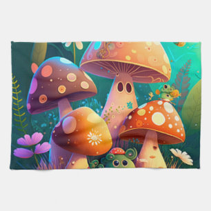 Cute mushrooms in the forest  tea towel
