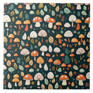 Cute mushrooms leaves cottage core design ceramic tile