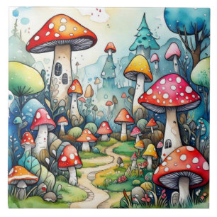 Cute mushrooms leaves cottage core design ceramic tile