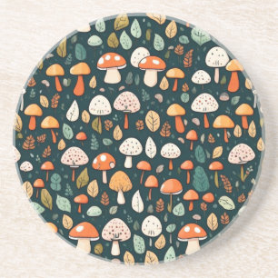 Cute mushrooms leaves cottage core design coaster
