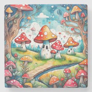 Cute mushrooms leaves cottage core design stone coaster