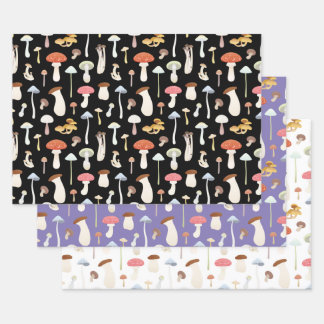Cute Mushrooms Pattern in Black, Purple and White Wrapping Paper Sheet