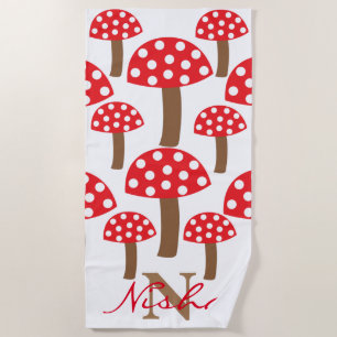 Cute Mushrooms Toadstool Monogram Beach Towel