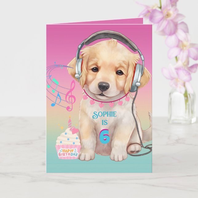Cute Music Loving Golden Retriever Personalised Card (Orchid)