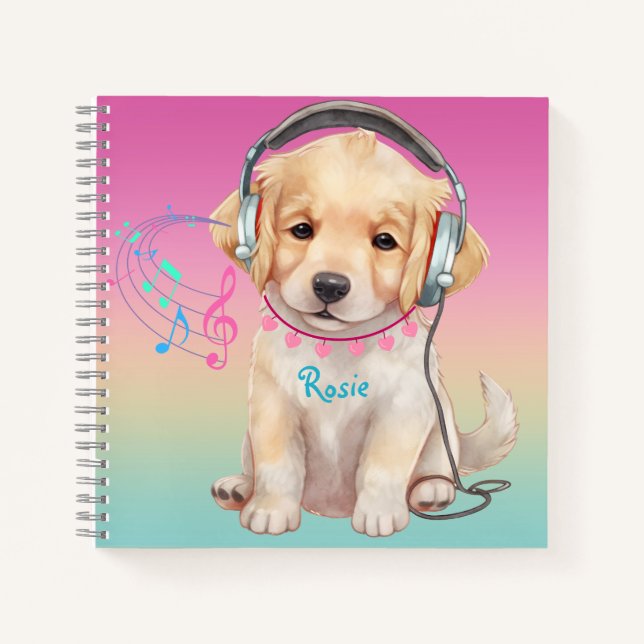 Cute Music Loving Golden Retriever Personalised Notebook (Front)